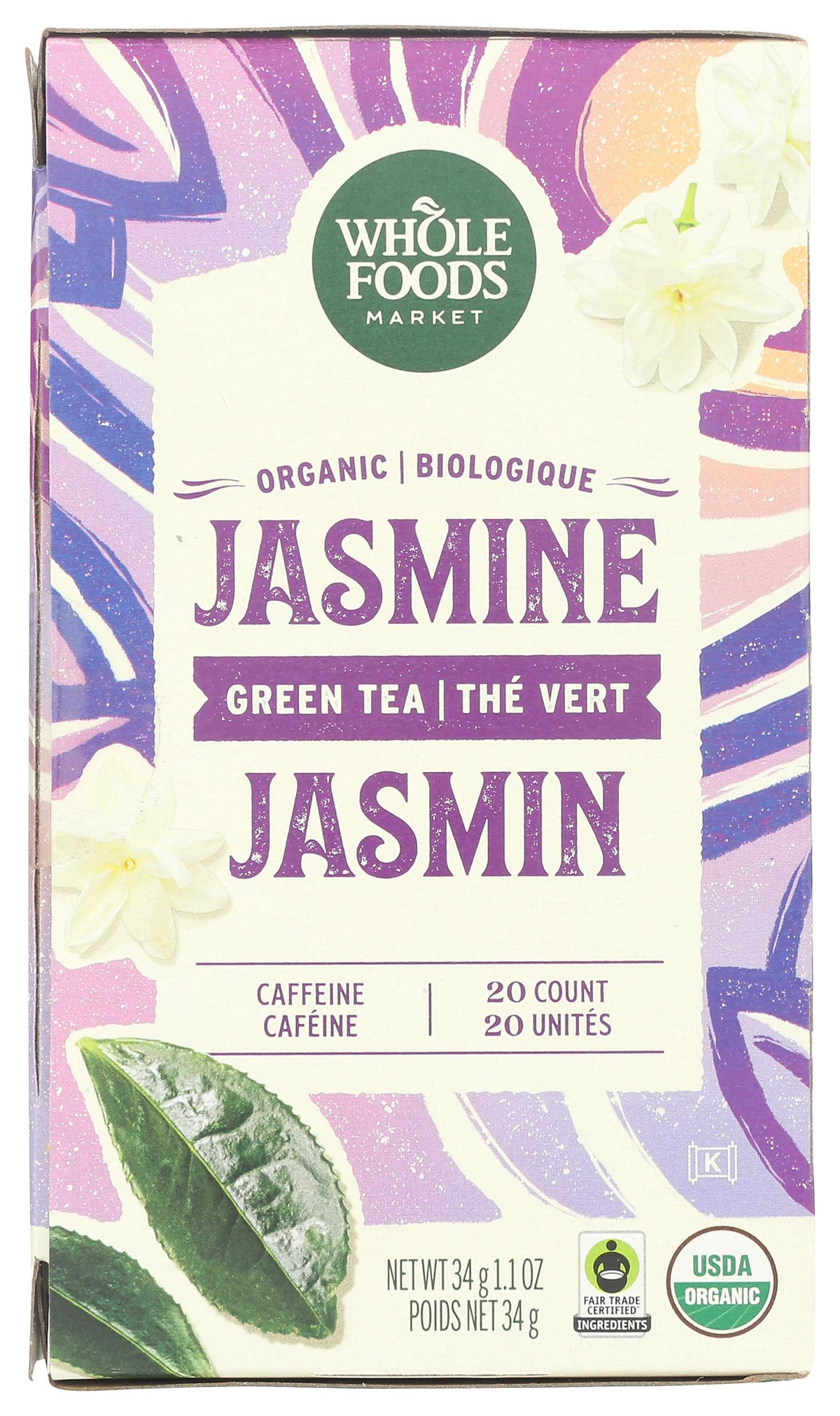 Whole Foods Market Tea Green Jasmine Organic 20-count teabags for a fresh brew.