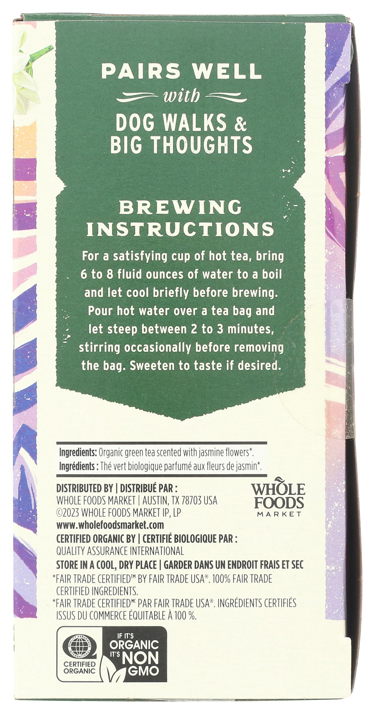 Whole Foods Market Tea Green Jasmine Organic uses organic green tea leaves for a pure cup.