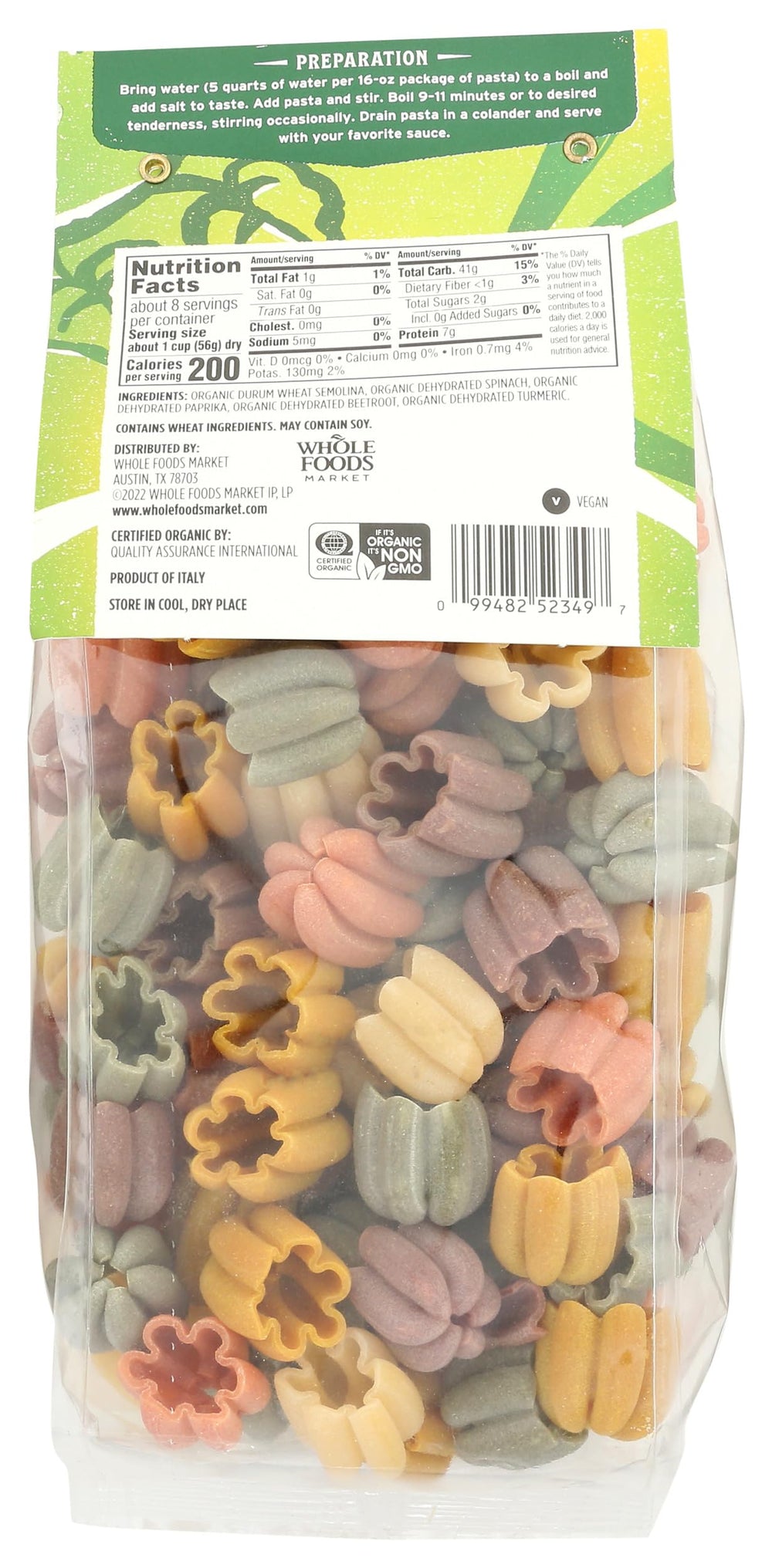 Whole Foods Market Zucchette Organic Pasta colors shown, appealing to kids for mealtime fun.