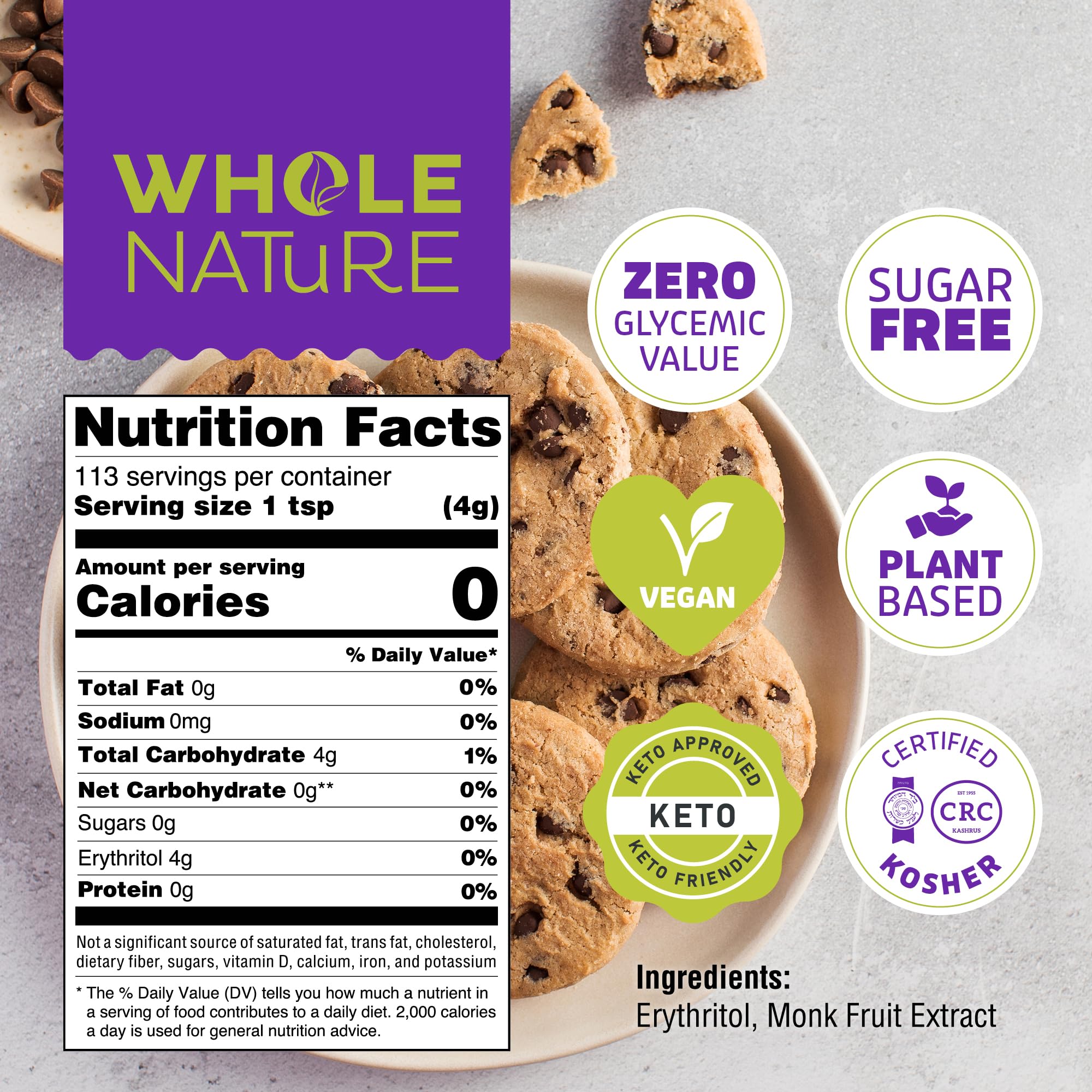 Whole Nature monk fruit sweetener with erythritol blend packaging for pantry use