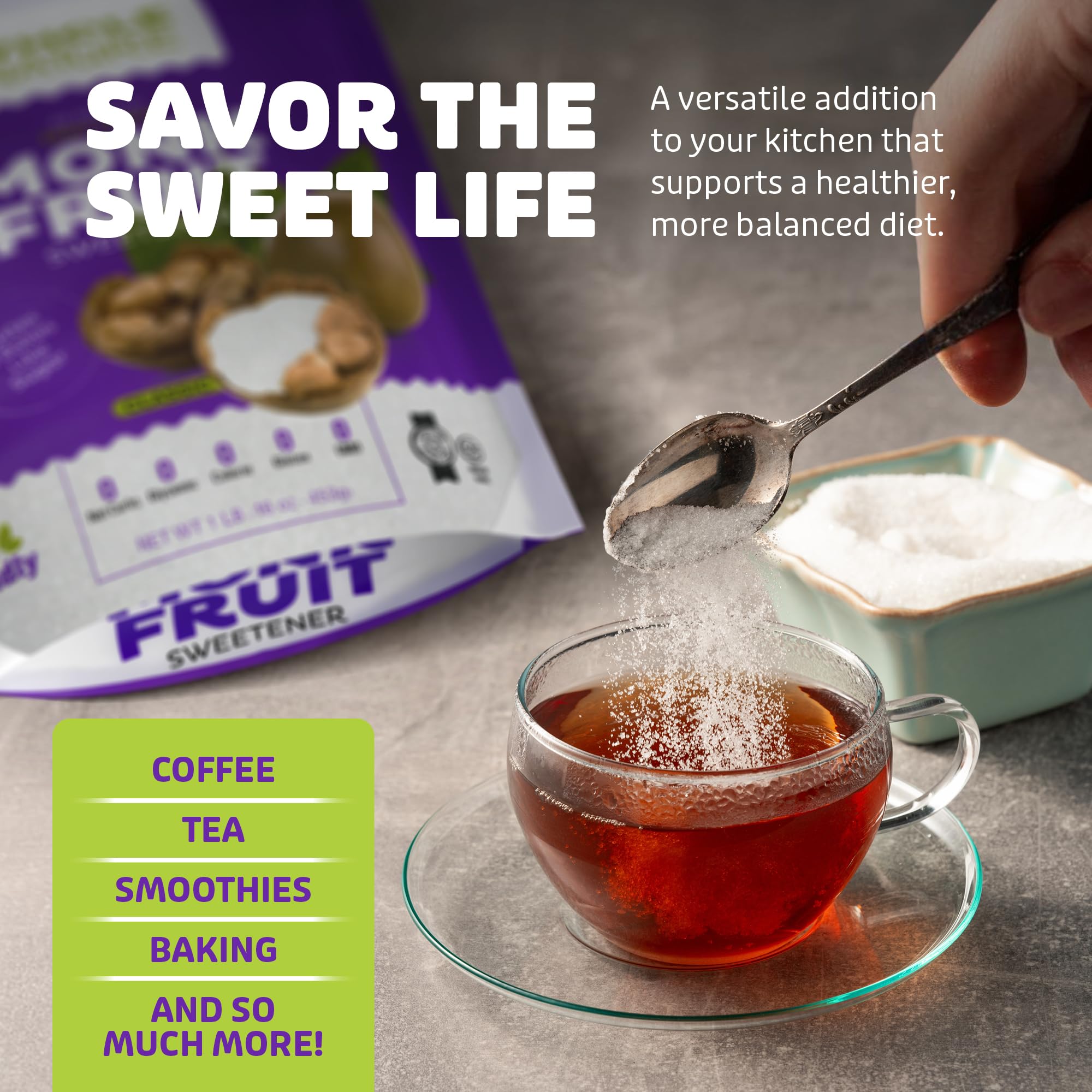 Whole Nature zero calorie monk fruit sweetener as white sugar replacement