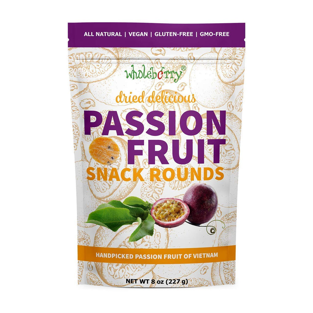 Wholeberry dried passion fruit bag closed, convenient on-the-go tropical snack.