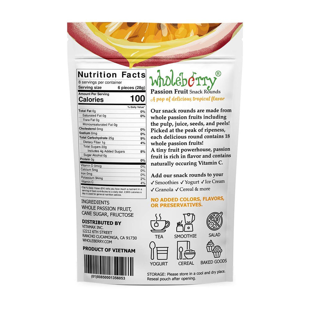 Wholeberry dried passion fruit bag open, inviting chewy tropical treat.