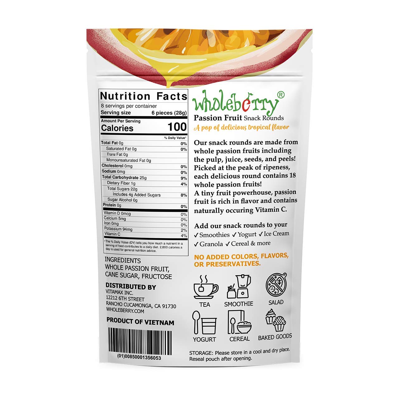 Close-up of Wholeberry maracuja dried fruit shows chewy texture and tropical aroma.