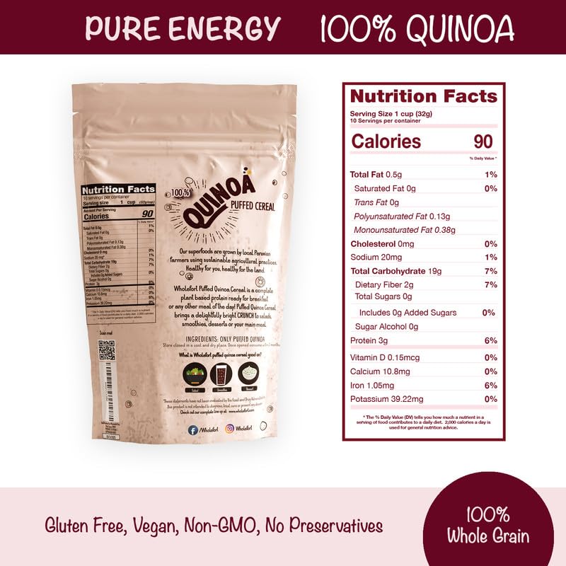 A bowl of Wholefort puffed quinoa cereal showing crispy crunch and fiber.