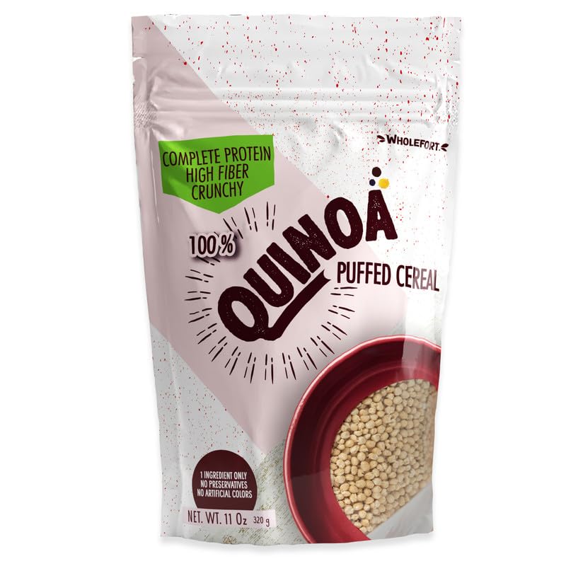 Wholefort puffed quinoa cereal packaging highlighting gluten-free, plant-based energy.