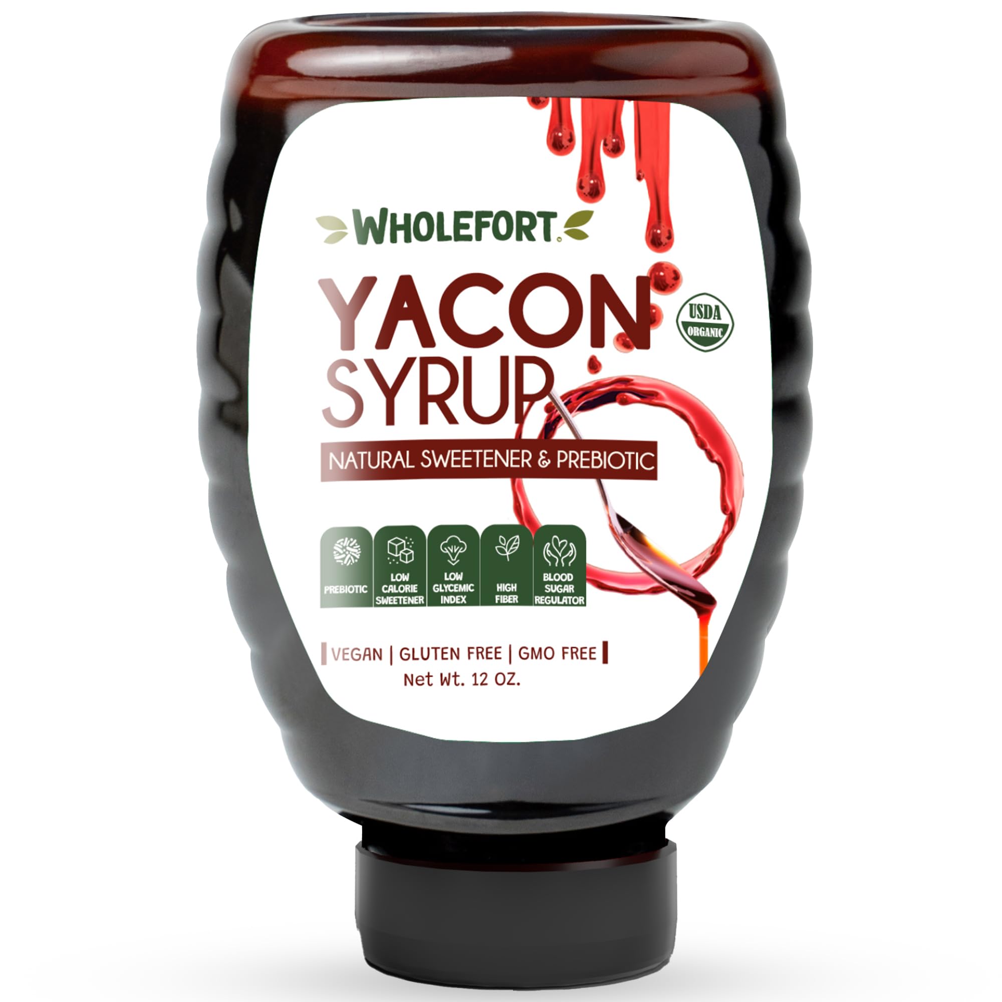 Wholefort yacon syrup bottle shows organic low calorie sweetness