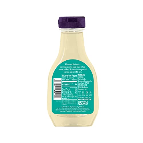Wholesome Allulose liquid sweetener bottle with coffee cup, keto-friendly taste.