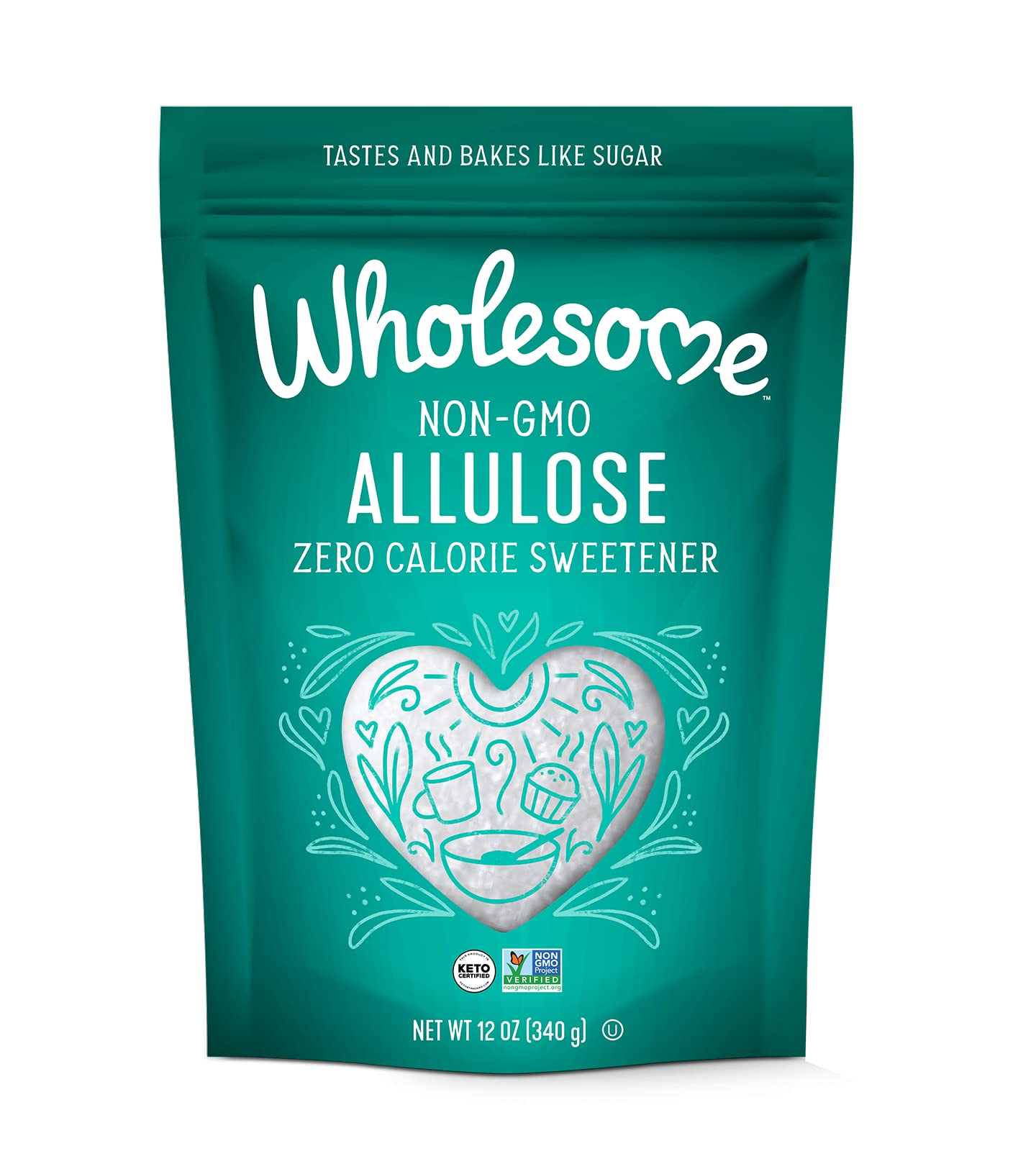 Wholesome Allulose sweetener bottle pour shows zero-calorie sweetness for everyday use.