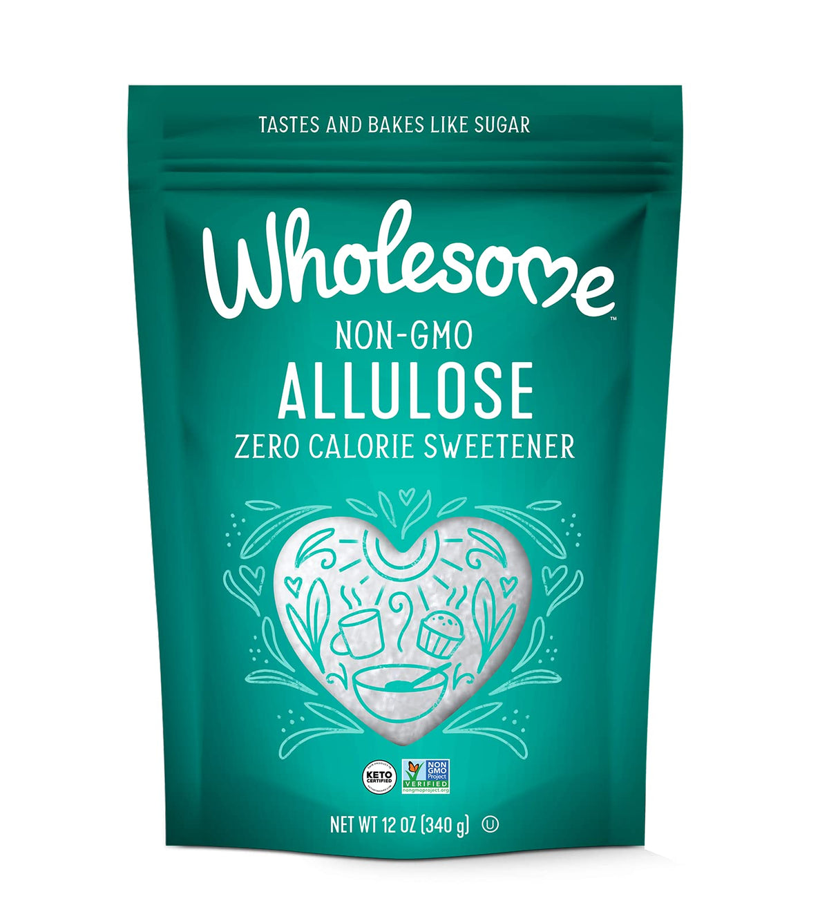 Wholesome Allulose sweetener bottle pour shows zero-calorie sweetness for everyday use.