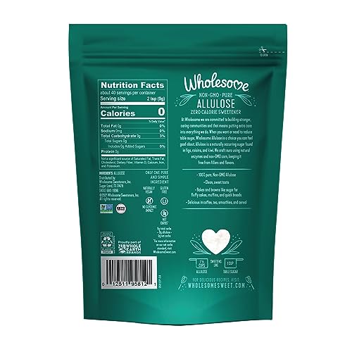 Wholesome Allulose sweetener jar with spoon ideal for precise measurement in baking.