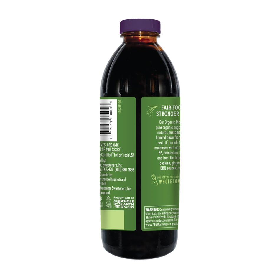Wholesome Blackstrap Molasses showcases USDA Organic and Fair Trade certifications.