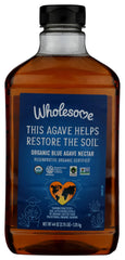 Wholesome Blue Agave syrup bottle pours into a cup, highlighting convenience.