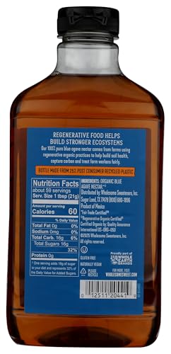 Wholesome Blue Agave bottle on shelf with recyclable green packaging emphasizes sustainability.