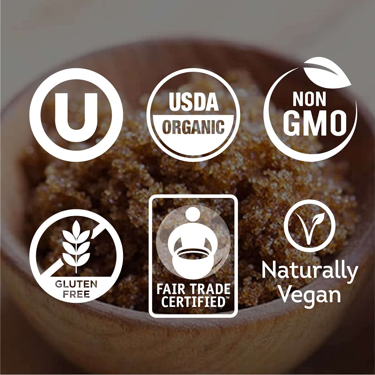Wholesome brown sugar certifications badge: Organic and Fair Trade