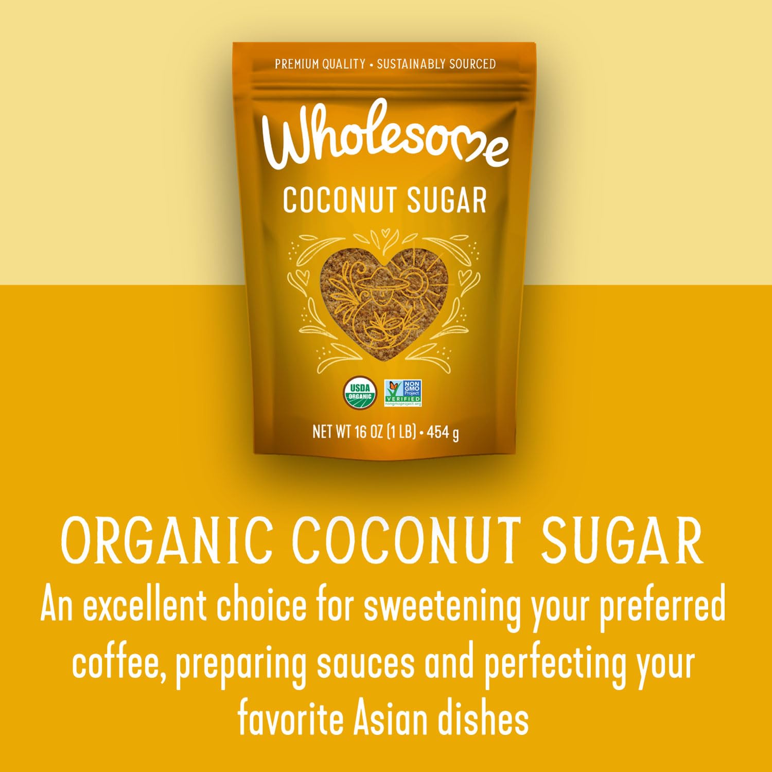 Wholesome Coconut Sugar packaging features fair trade origins supporting farming communities.