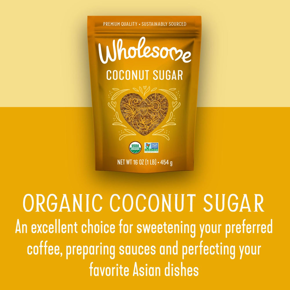 Wholesome Coconut Sugar packaging features fair trade origins supporting farming communities.