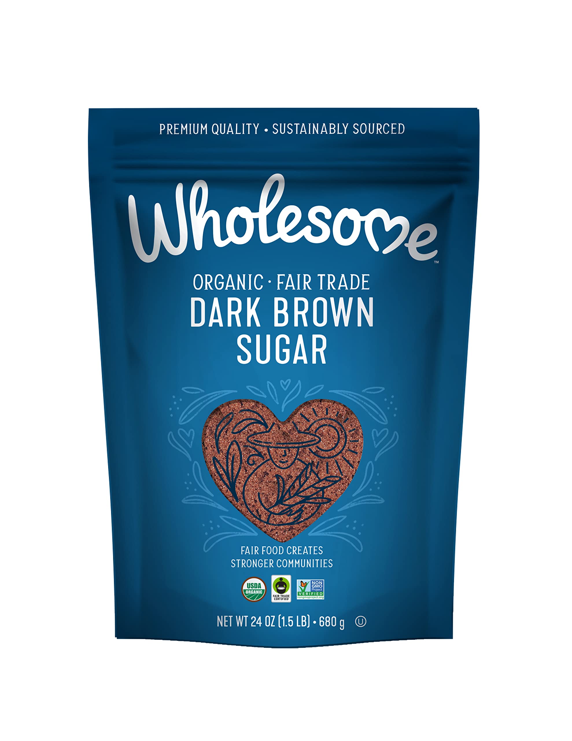 Wholesome Organic Dark Brown Sugar front label with rich molasses flavor, ideal for baking.