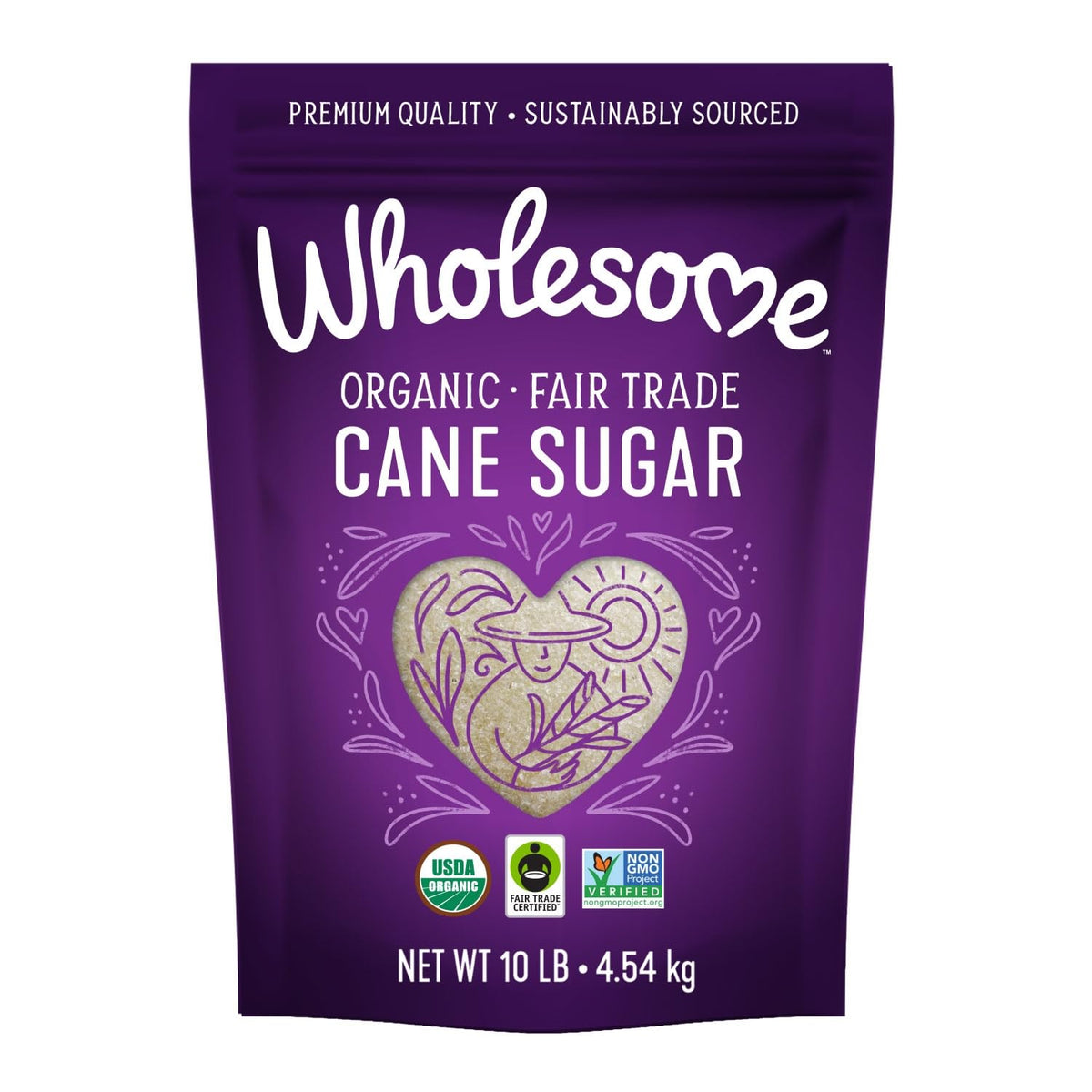 Wholesome Organic Cane Sugar 10 lb bag, perfect for baking and beverages.