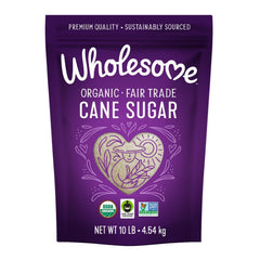 Wholesome Organic Cane Sugar 10 lb bag, perfect for baking and beverages.