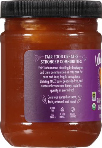 Wholesome Organic Honey jar label emphasizes fair trade, gluten-free, and non-GMO certification.