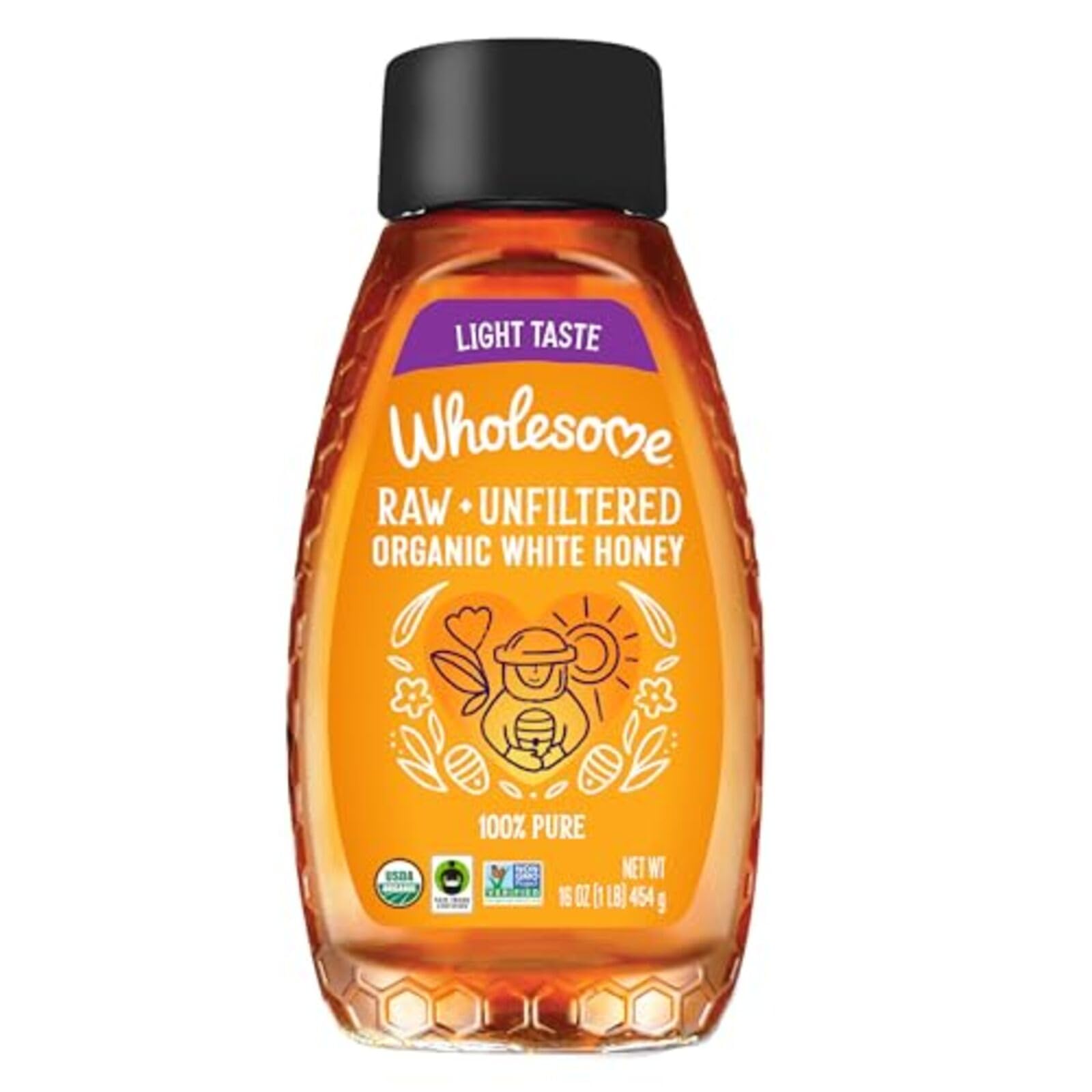 Wholesome Organic Raw White Honey bottle front view, ideal for dressings and tea.