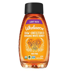 Wholesome Organic Raw White Honey bottle front view, ideal for dressings and tea.
