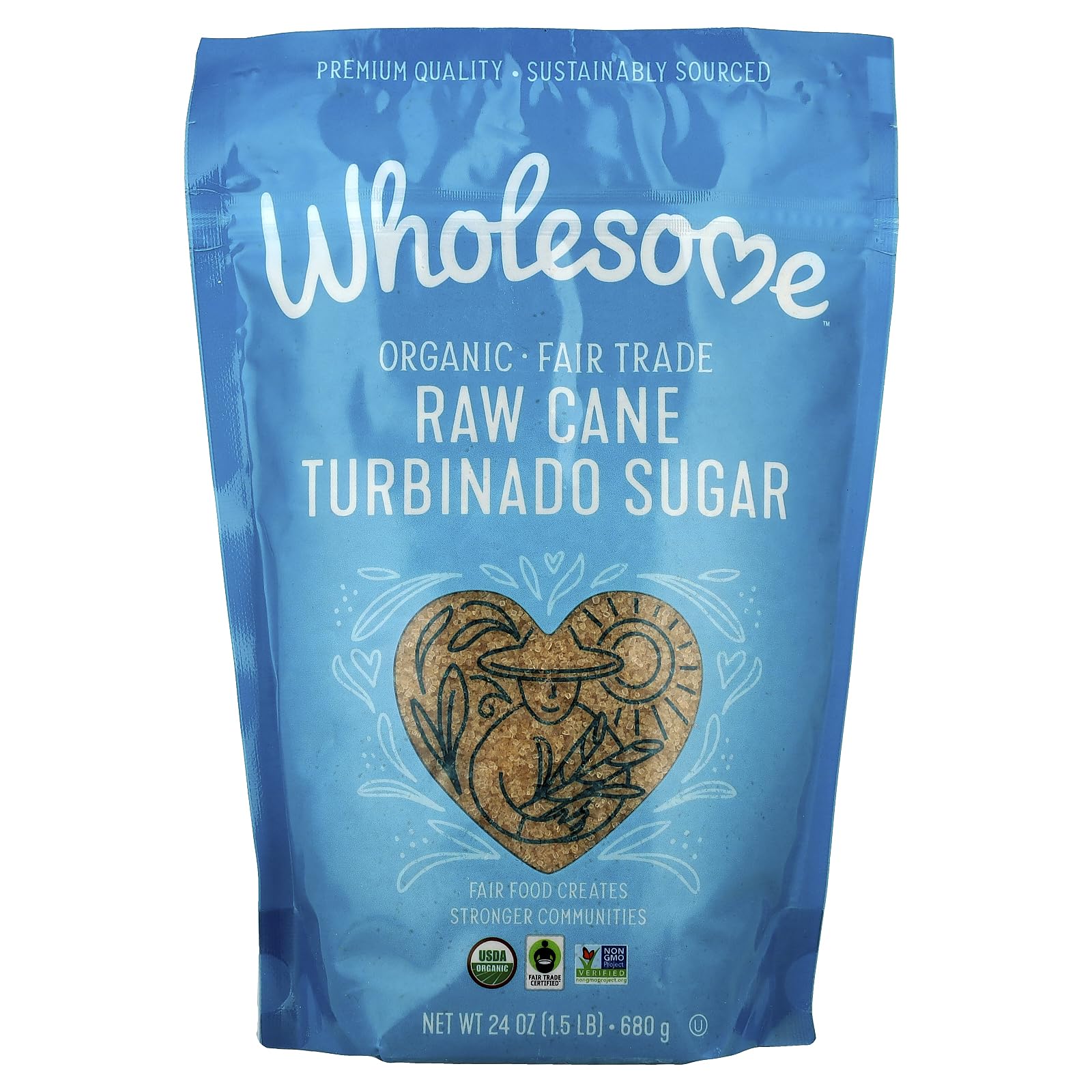 Wholesome Organic Turbinado Sugar crystals in a jar, ideal for coffee and baking.