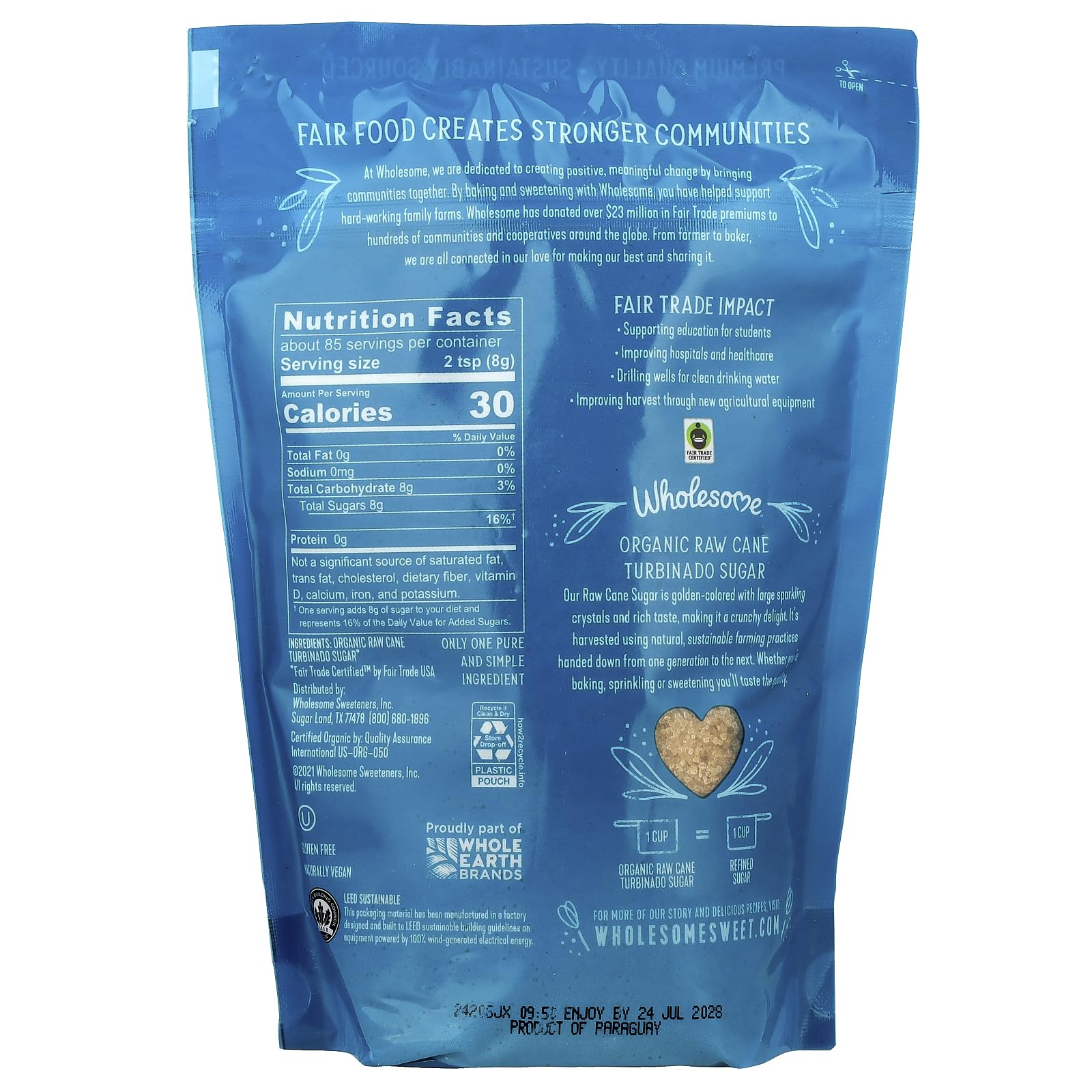 Wholesome Organic Turbinado Sugar package on a kitchen counter, premium sweetener for baking and breakfast toppings.