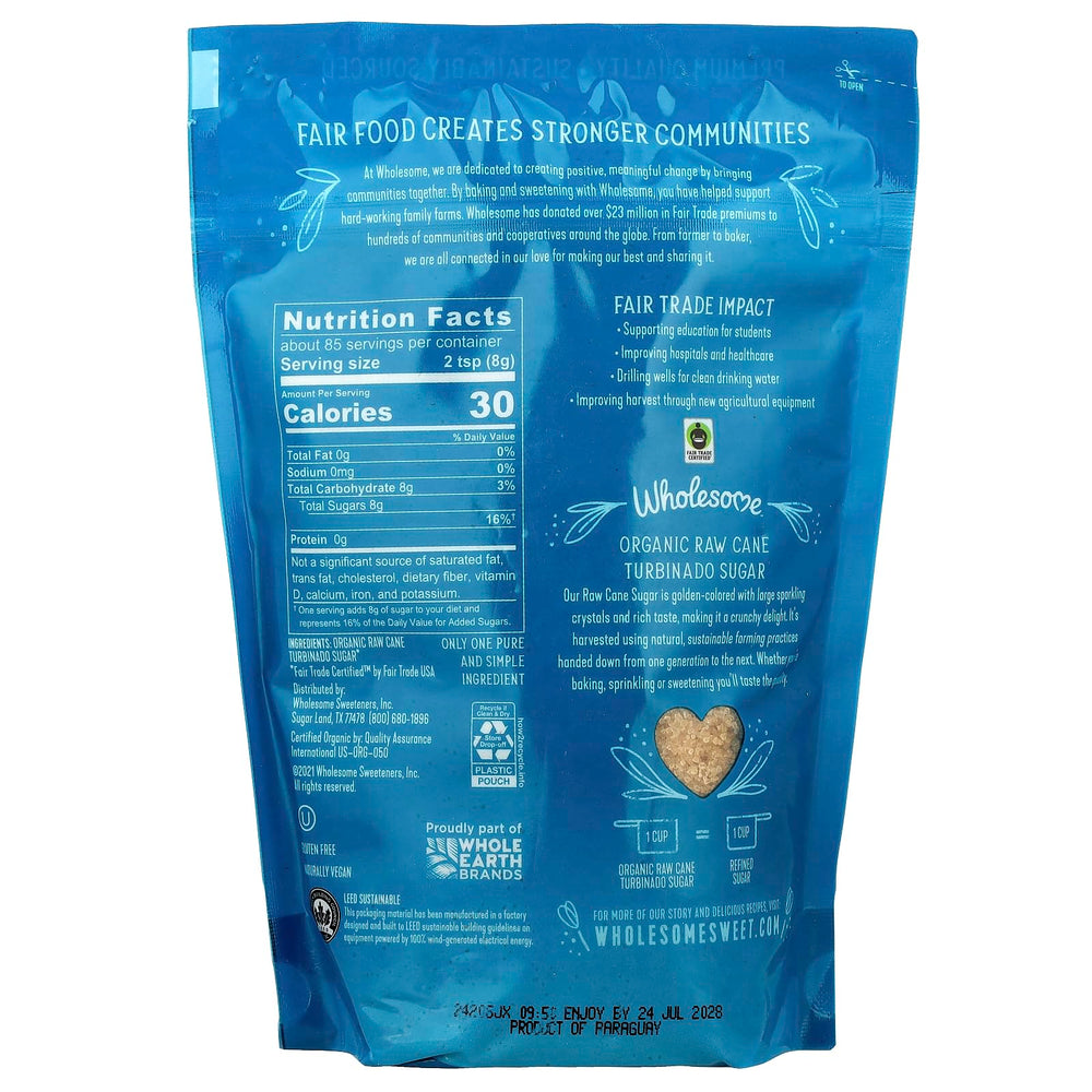 Wholesome Organic Turbinado Sugar package on a kitchen counter, premium sweetener for baking and breakfast toppings.