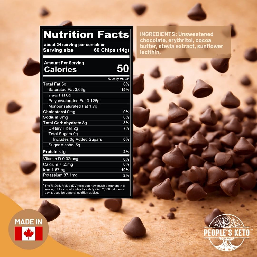 Wholesome Provisions chocolate chips closeup 60% cocoa shows keto-friendly sweetness.