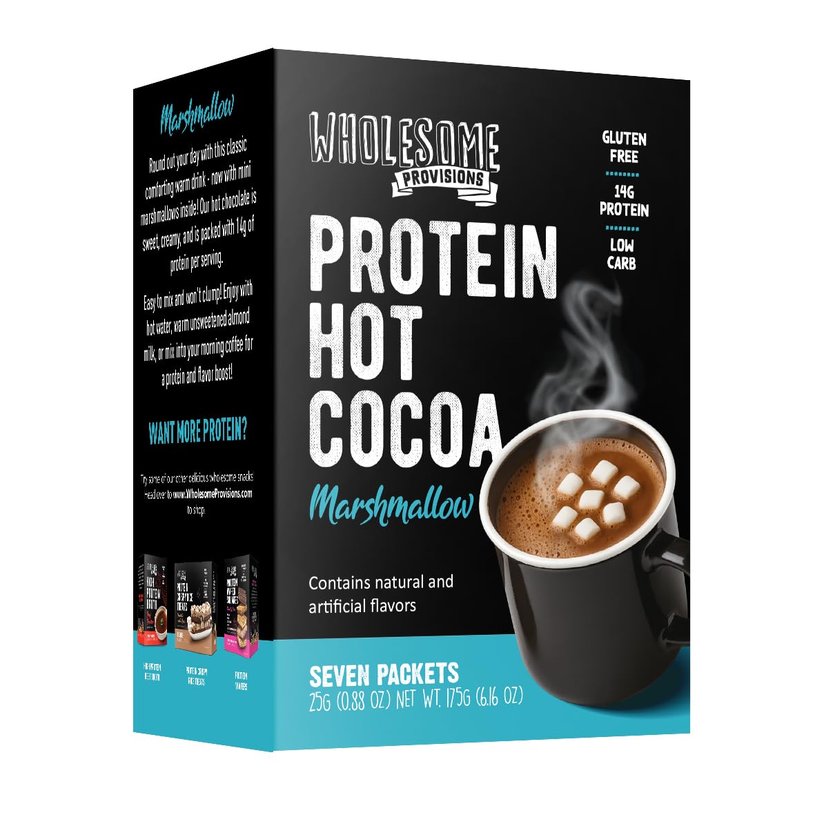 Wholesome Provisions Protein Hot Chocolate packaging showing convenient 7-pack macros