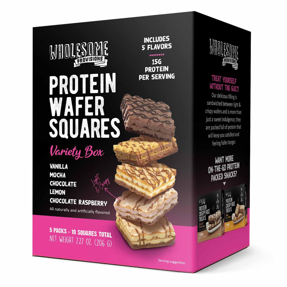 Wholesome Provisions Protein Wafer Squares vanilla packaging, ideal quick snack