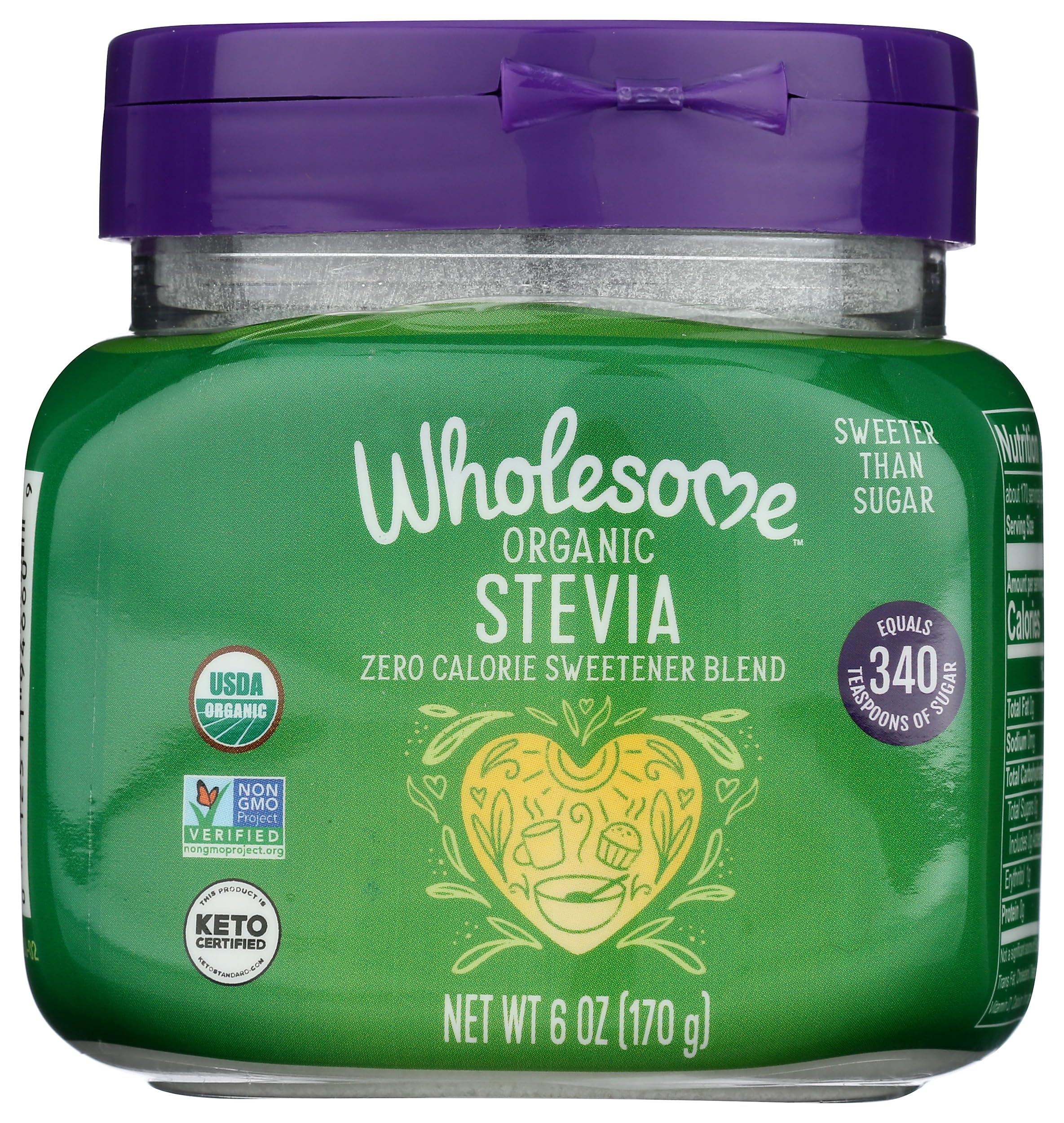 Wholesome Stevia 6oz jar front label showing zero calorie sweetness and organic credentials.