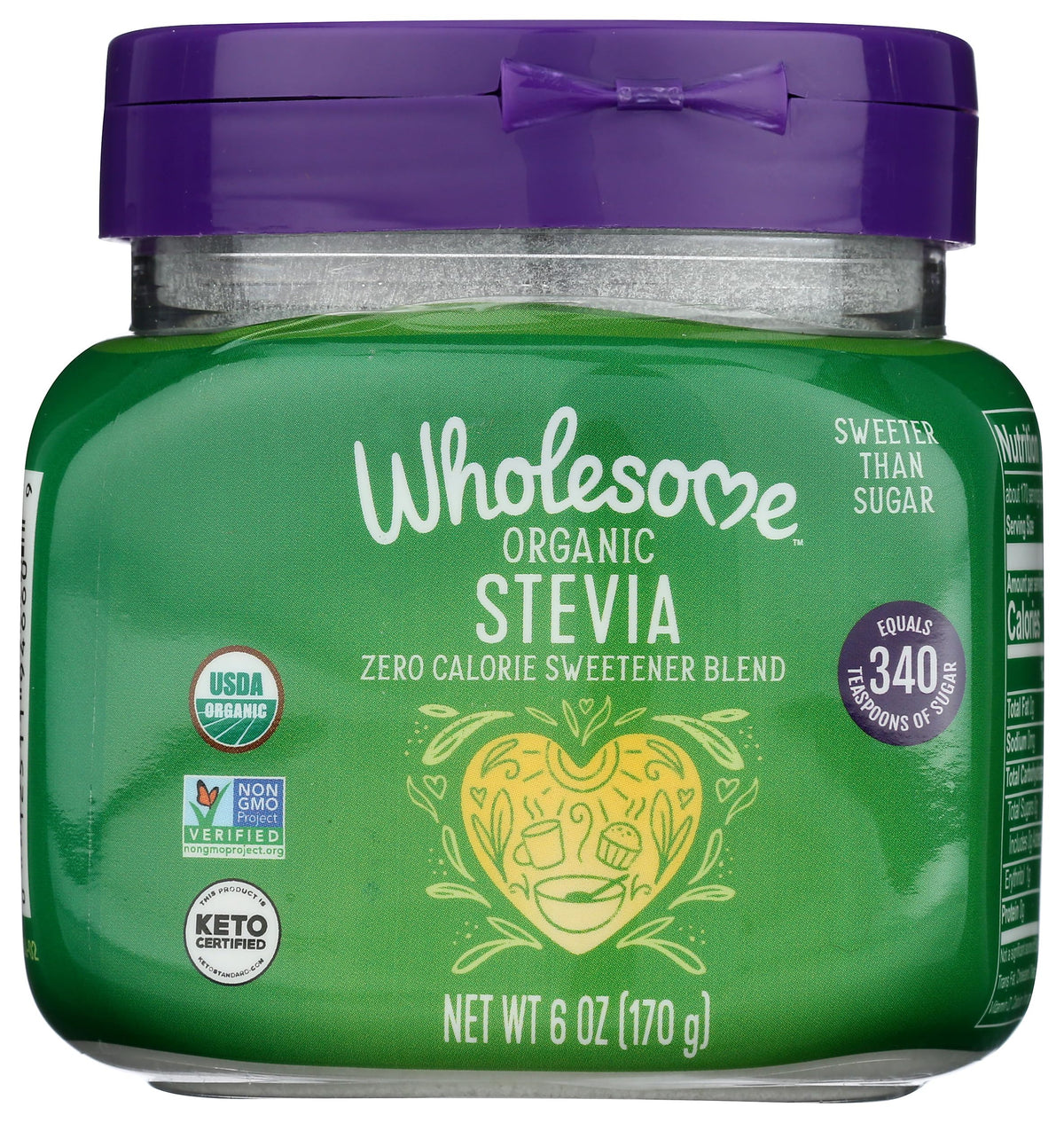 Wholesome Stevia 6oz jar front label showing zero calorie sweetness and organic credentials.