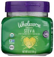Wholesome Stevia 6oz jar front label showing zero calorie sweetness and organic credentials.