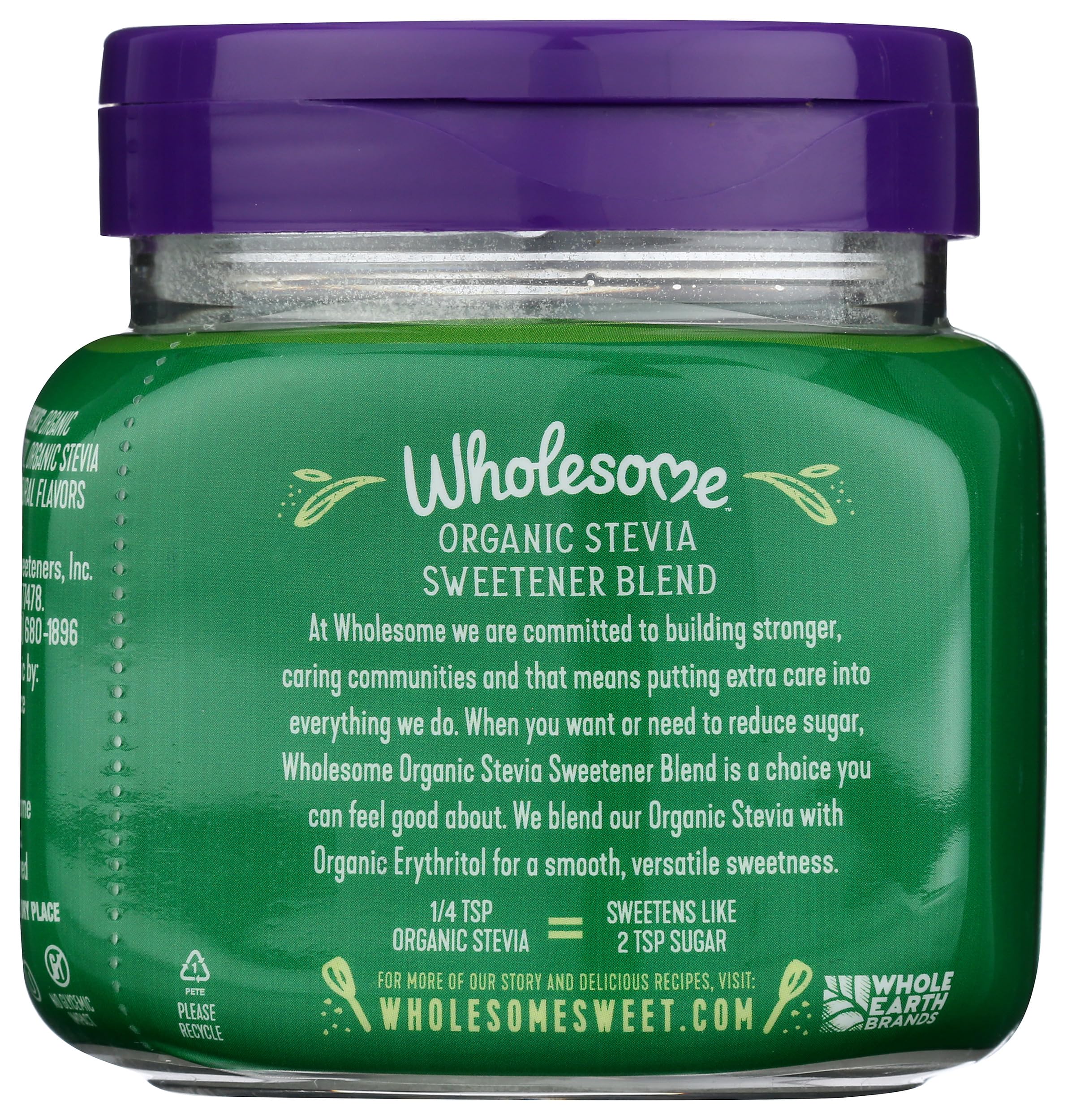 Wholesome Stevia ingredients list with organic erythritol and natural flavors.