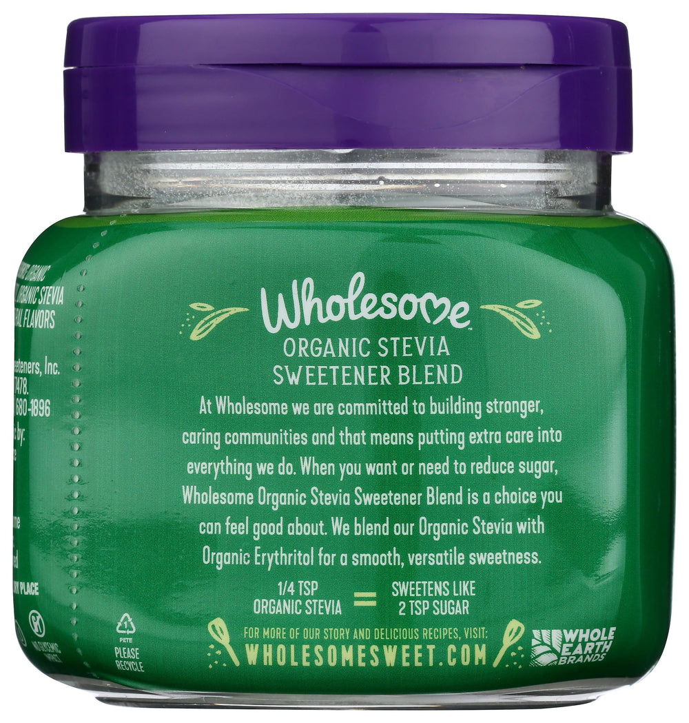 Wholesome Stevia ingredients list with organic erythritol and natural flavors.