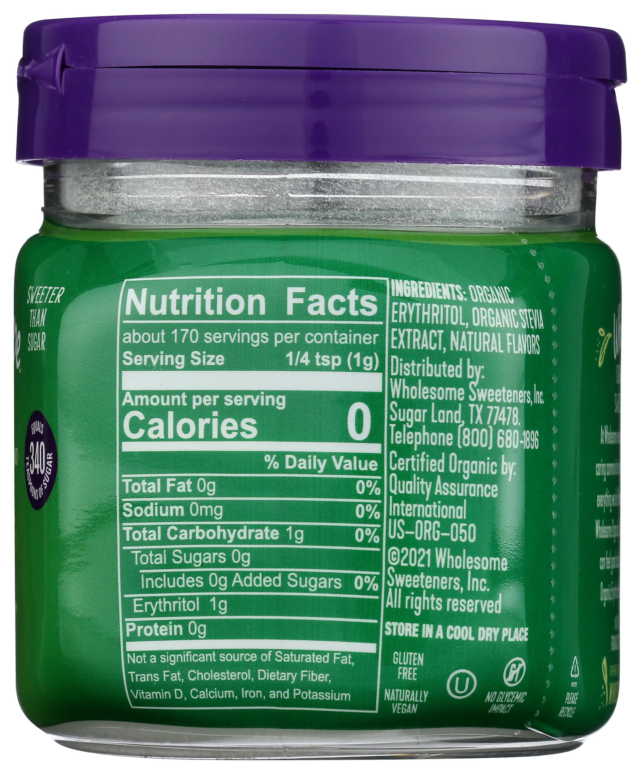 Wholesome Stevia with Organic certification logo indicating clean sourcing.