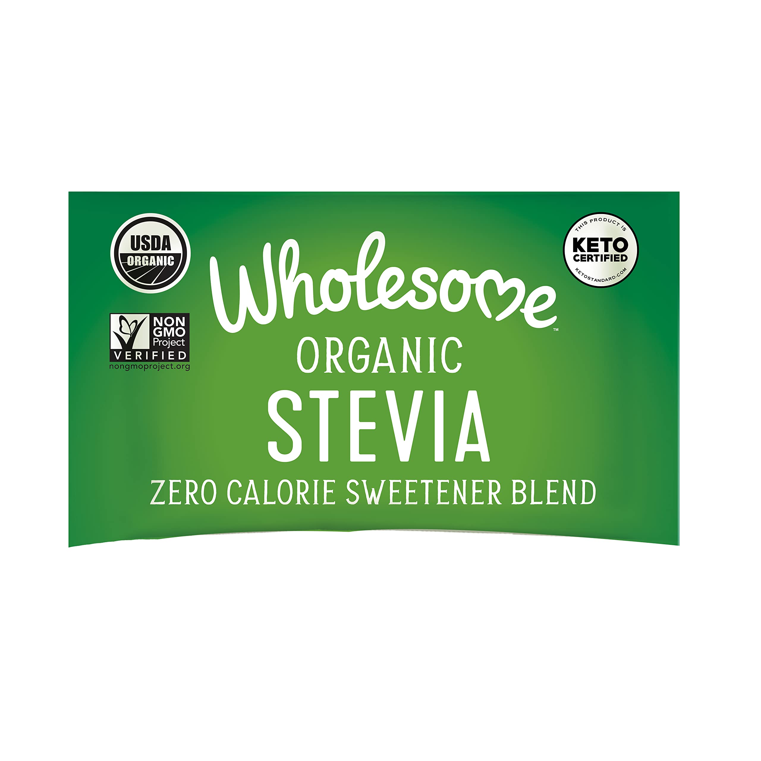 Wholesome Stevia packets closeup for zero-calorie sweetness in beverages.