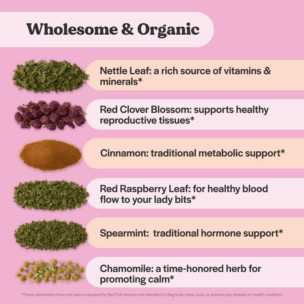 Wholesome Story Red Raspberry Leaf dried herbs show bright notes and nourishment.