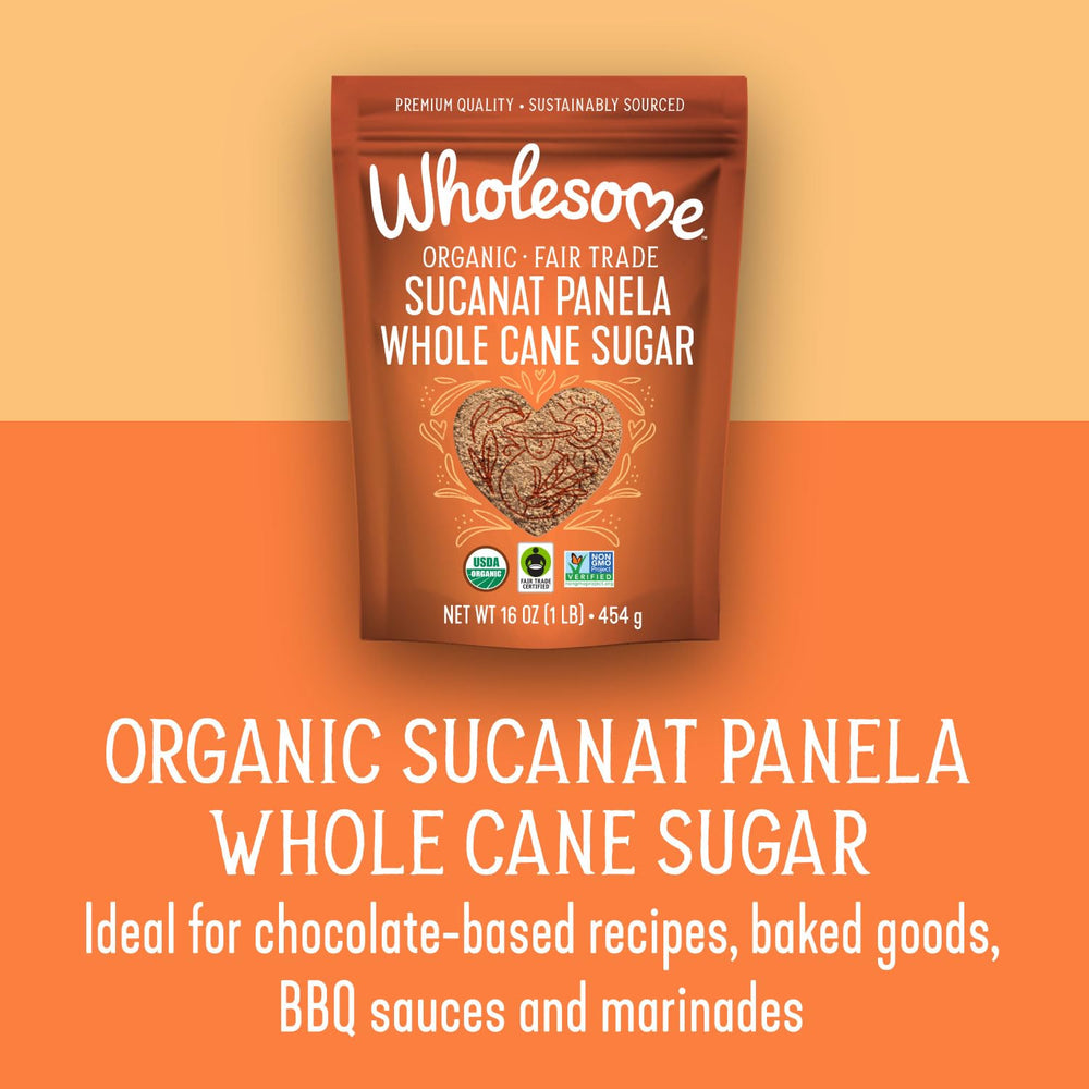 Wholesome Sucanat Panela granules closeup reveal deep color and wholesome flavor.