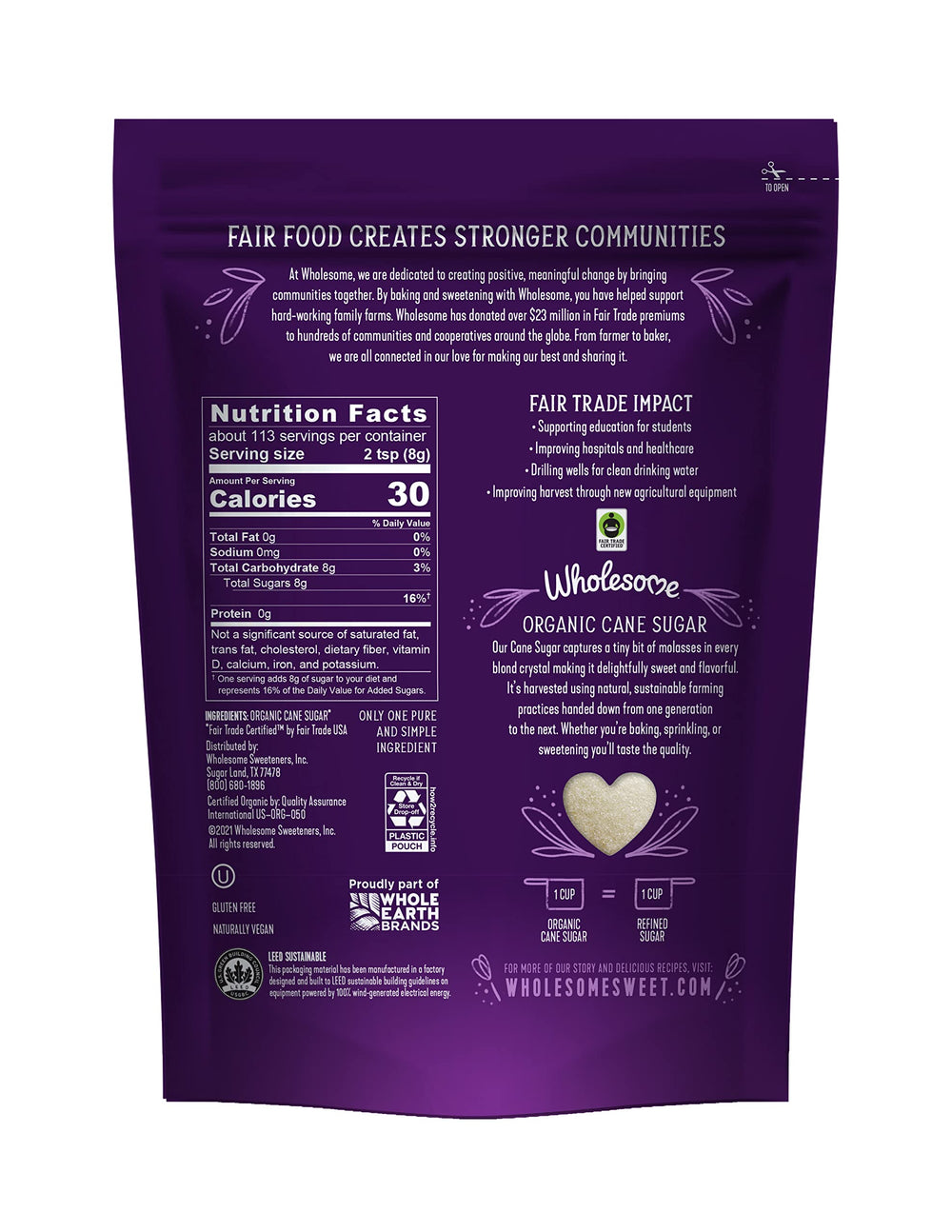 Wholesome organic cane sugar packaging highlighting fair trade and vegan certifications
