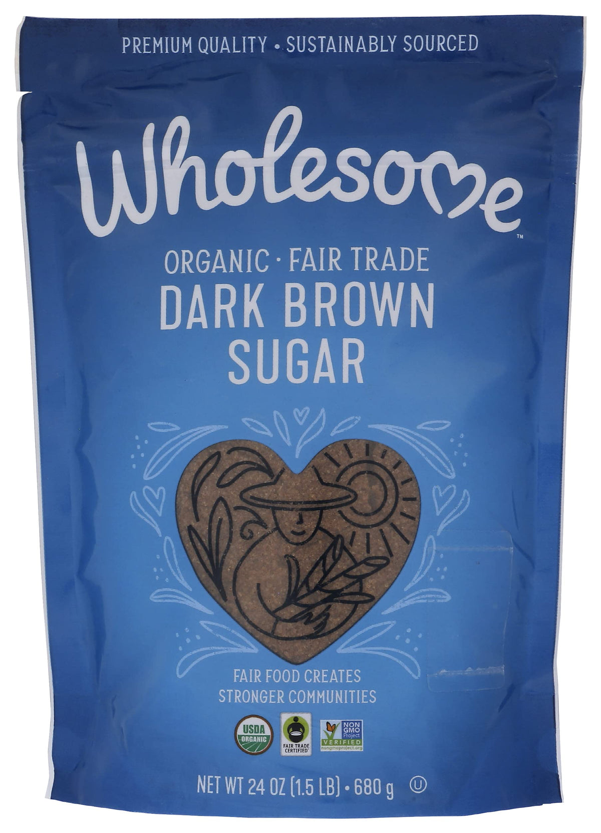Wholesome Sweeteners 24oz organic dark brown sugar bottle for baking comfort.