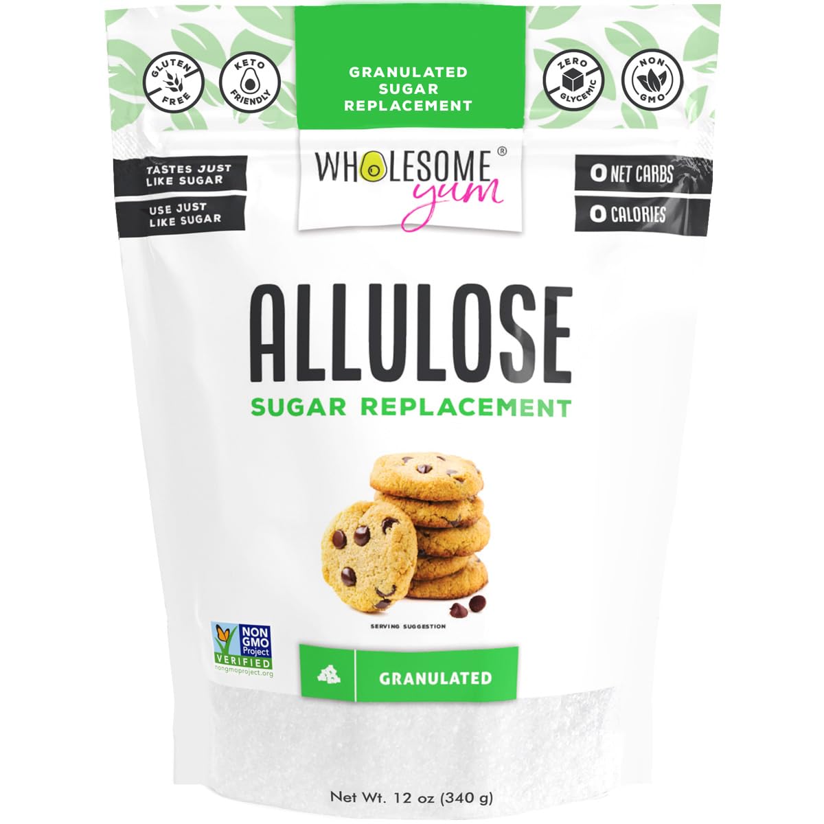 Wholesome Yum Allulose sweetener granulated jar shows a natural sugar substitute with zero calories.