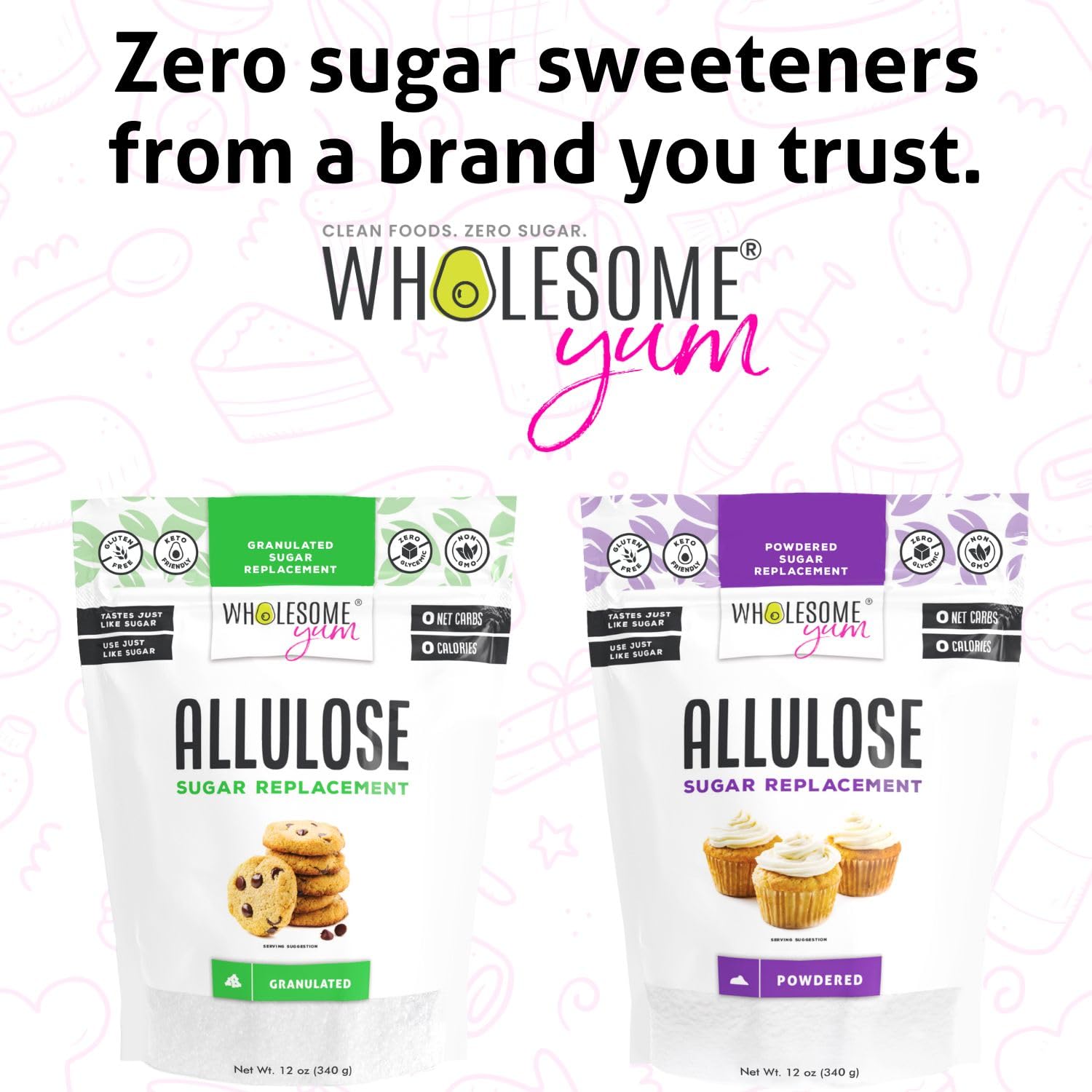 Wholesome Yum Allulose packaging highlights keto-friendly, tummy-friendly options.