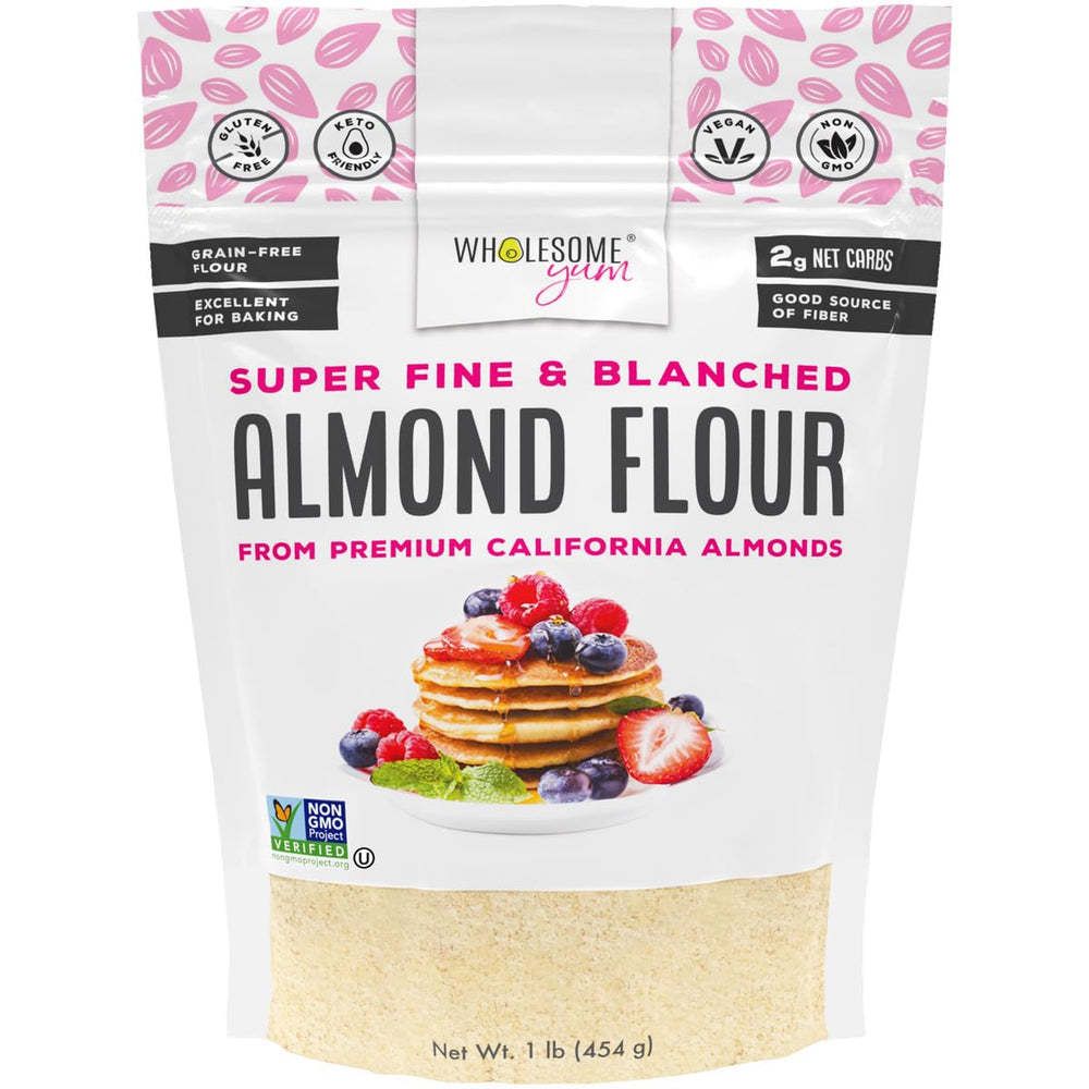 Wholesome Yum almond flour in a bowl showing ultra-fine grind for gluten-free baking