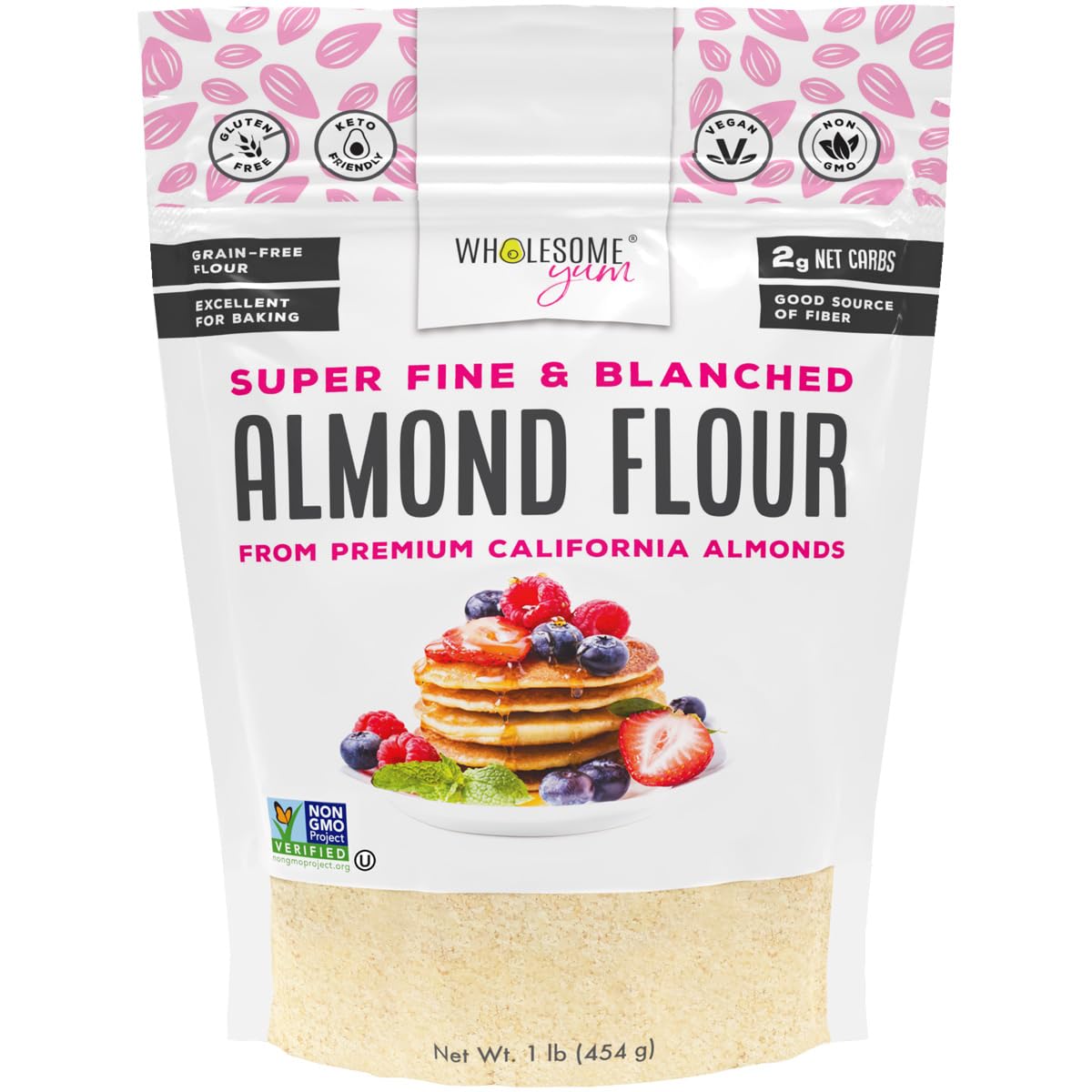 Wholesome Yum almond flour in a bowl showing ultra-fine grind for gluten-free baking
