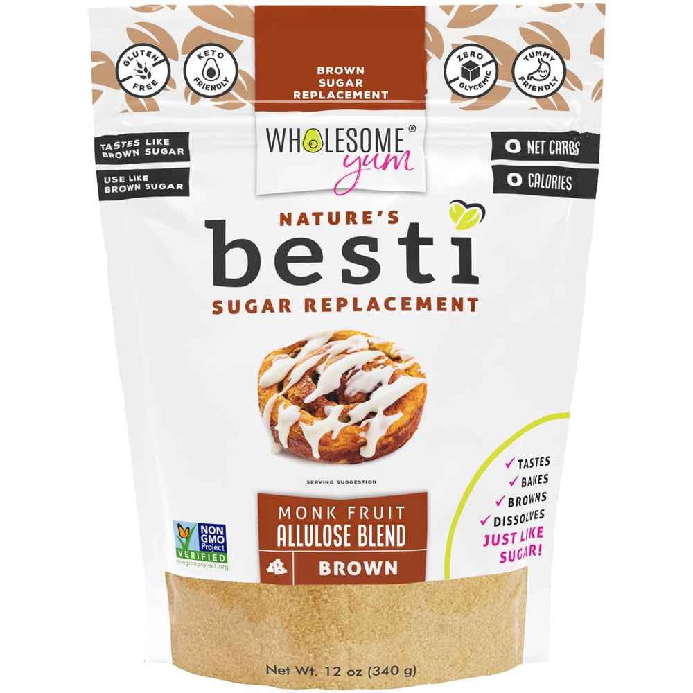 Wholesome Yum Besti Brown Sugar Substitute bottle pouring for sugar-free baking with brown sugar feel.