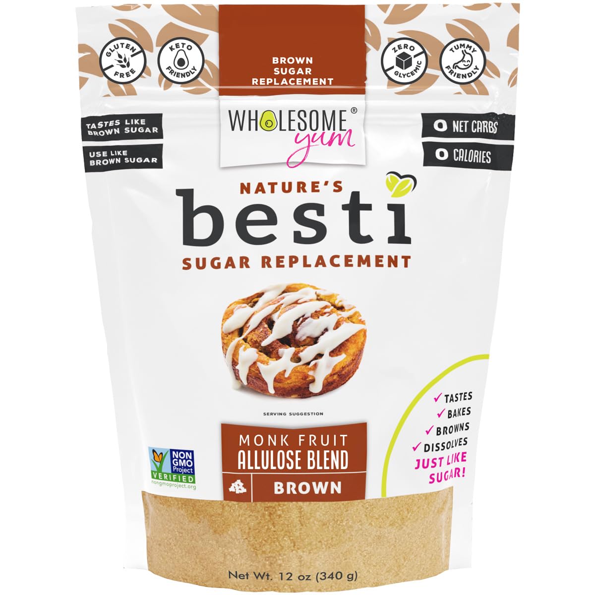 Wholesome Yum Besti Brown Sugar Substitute bottle pouring for sugar-free baking with brown sugar feel.